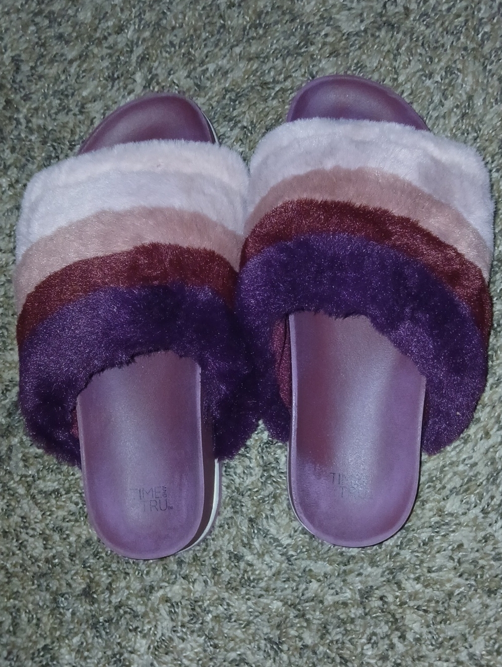 Time & Tru Plush Multi-Stripe Slide Slippers - Purple & Pink Sz: 8